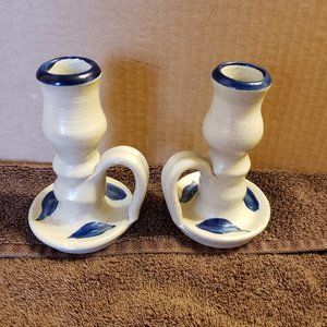 2 Tapered Chambersticks Candlesticks Finger Loop Williamsburg Pottery 1995